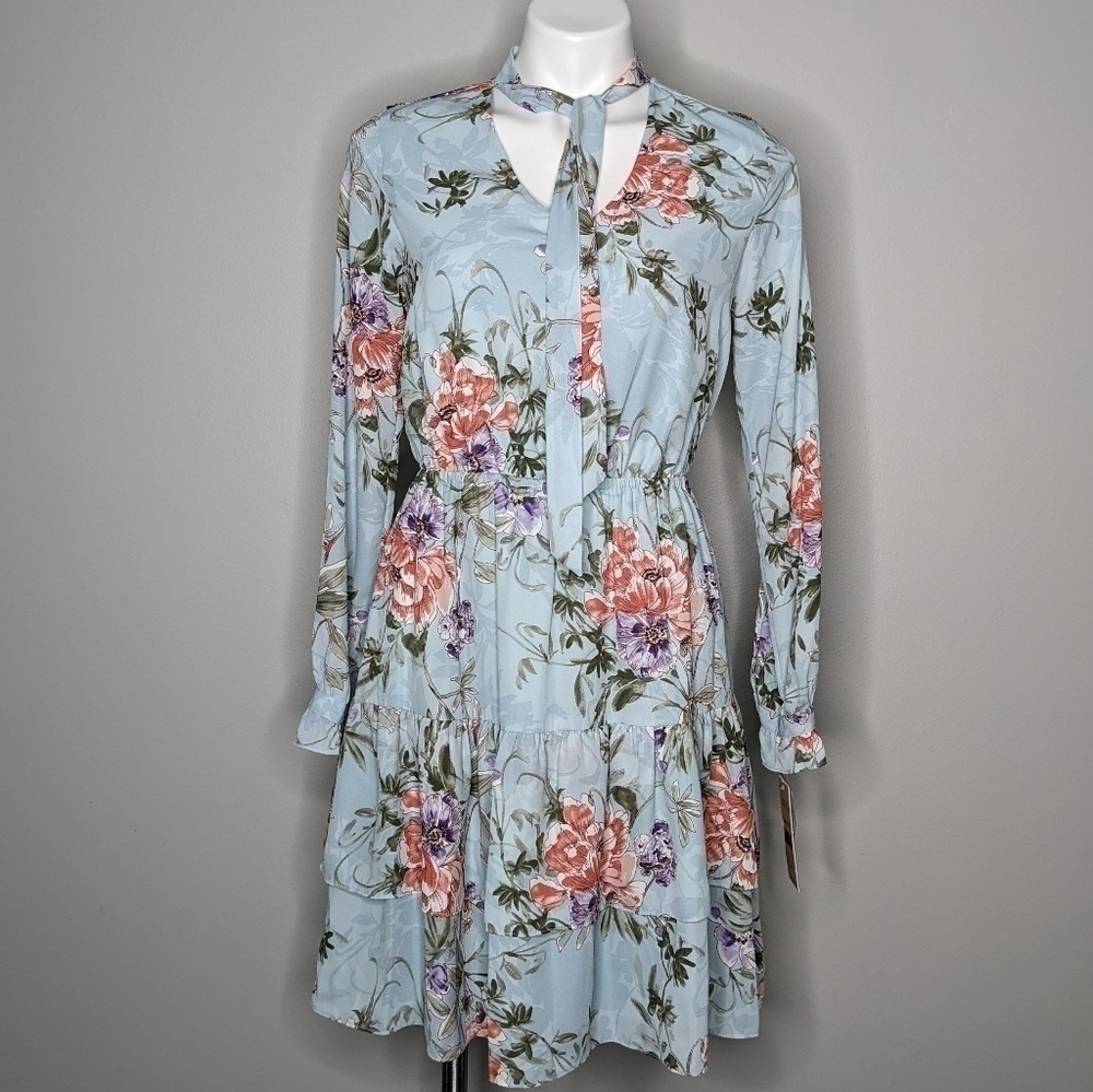 NWT Nanette Lepore blue floral tie neck dress 2